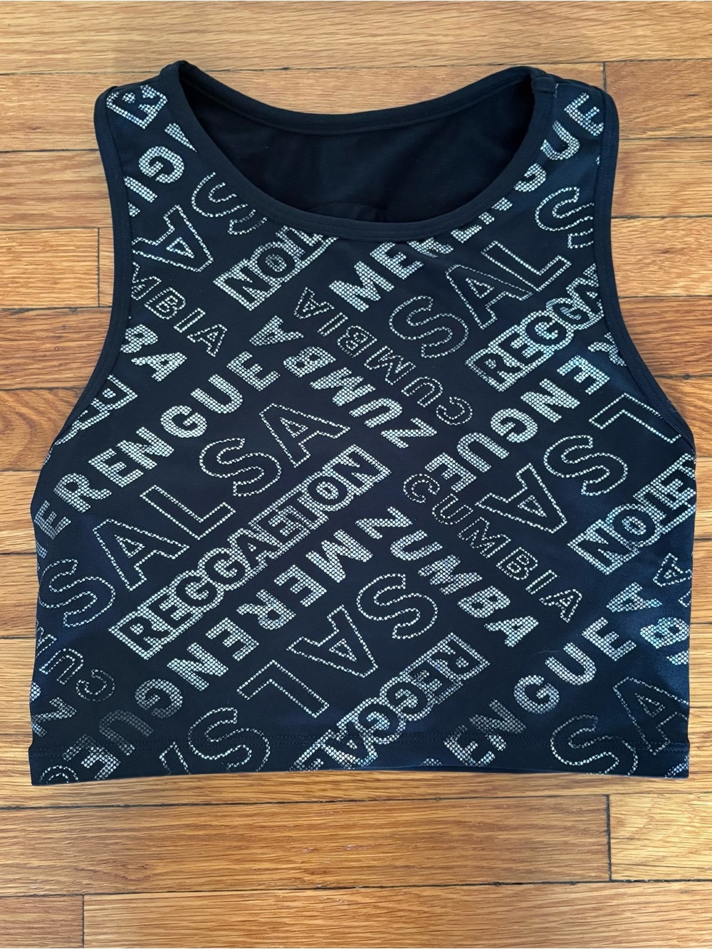 Zumba Wear Black and Silver "Salsa Merengue Reggaeton" High Neck Crop Top S